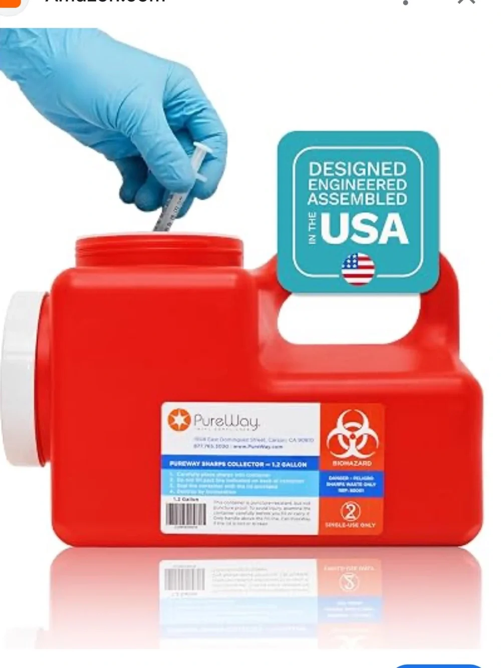 PureWay Red Sharps Disposal Container - Handheld 1.2 Gallon